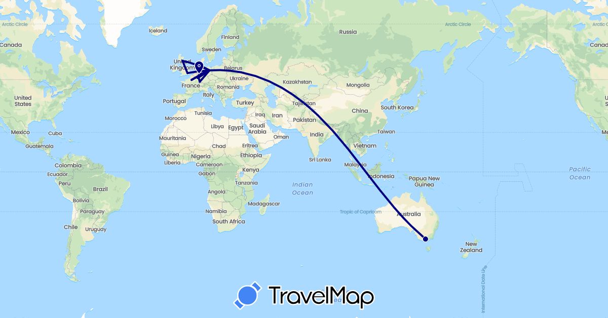 TravelMap itinerary: driving in Australia, Germany, France, United Kingdom, Luxembourg (Europe, Oceania)